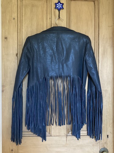 KATE MOSS TOPSHOP Fringed Midnight Blue Soft Leather Cropped Jacket UK6 US2 EU34 - Picture 6 of 13