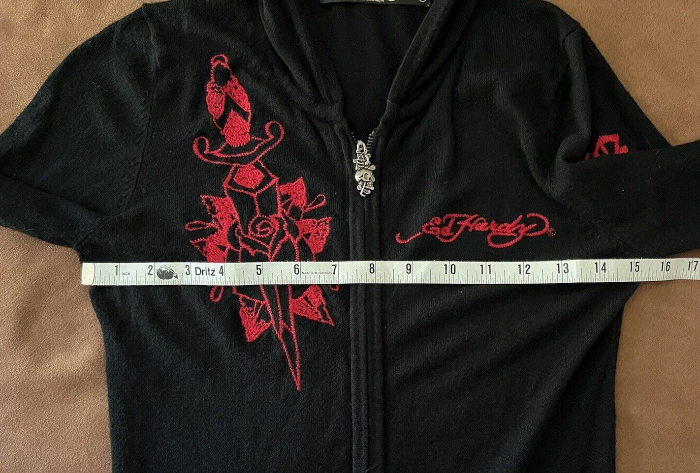 ED HARDY Christian Audigier Black Red Embroidered LOVE KILLS SLOWLY Zip Hoodie S