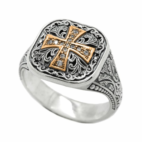 Byzantine Medieval Gold Cross Mens Ring with Pattern Sterling Silver 925 - Picture 14 of 14