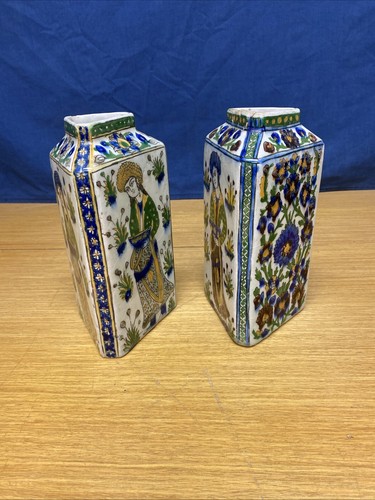 2 Antique Persian Qajar Pottery 9” Triangular 19th Century Vases - Picture 1 of 12
