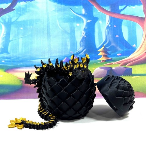 3D Printed Dragon with Egg, Articulated Black and Gold Dragon, Fidget ADHD Toy - Picture 2 of 5