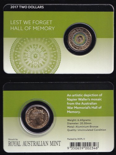 Australia 2017 Two Dollar $2 (Lest We Forget War Memorial Dome) - Carded - Bild 3 von 3