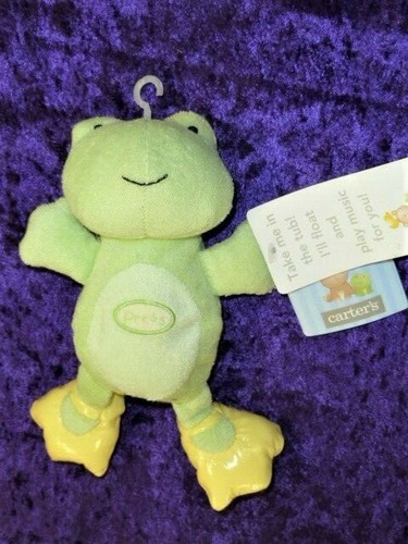 Carters small Green Frog Stuffed Plush Terrycloth Baby Bath Toy Yellow Flippers