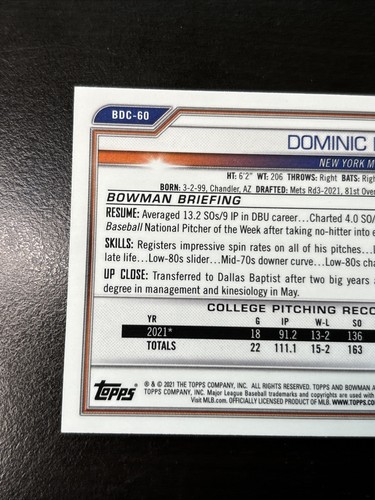 2021 Bowman Chrome Draft Sparkle Refractor DOMINIC HAMEL 1st Bowman METS #BDC-60 - Picture 6 of 7
