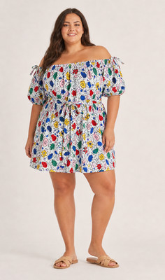 Eloquii Elements Off Shoulder Dress Women Plus 18 White Floral Print Cotton Belt