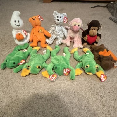 Ty Beanie Babies Plush Mixed Lot w/ Tags Frog Monkey Bear Ghost Moose 1999