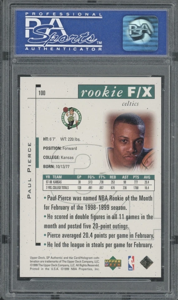 1998 SP Authentic F/X #100 Paul Pierce 1610/3500 RC Rookie Mint PSA 9 - Image 2 of 2
