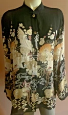 Citron Santa Monica 100% Silk Oversize  Bird/Floral Button Front Blouse Tunic M