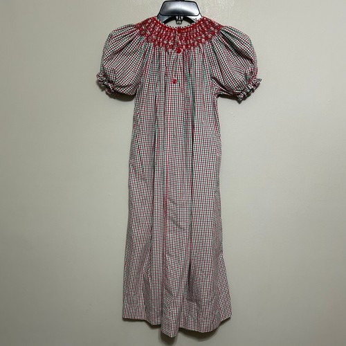 Vintage Girls Dress 8 Long Red Green Smocked Gingham Plaid Holiday Puff Sleeve - Picture 3 of 12