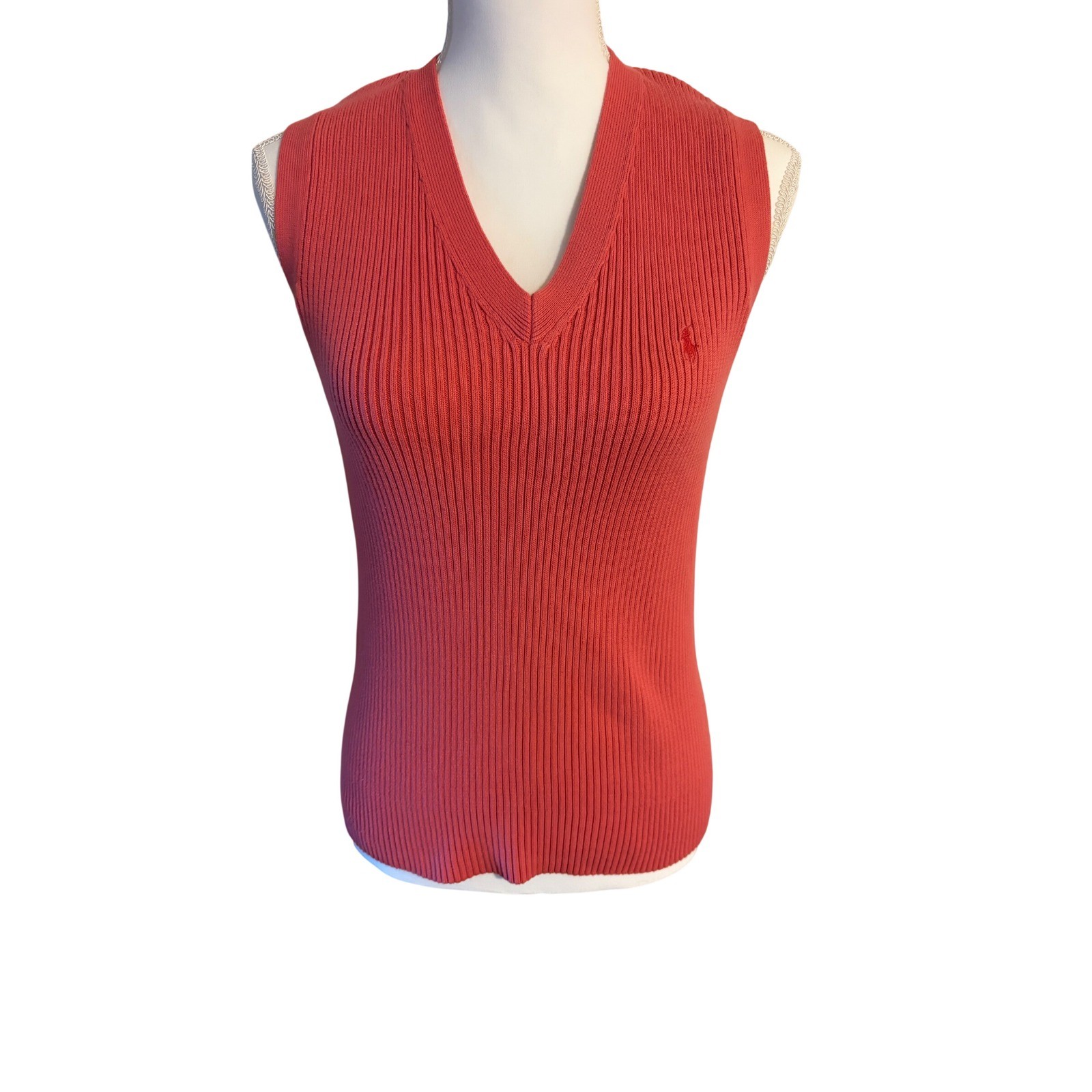 Ralph Lauren Polo Sport Vintage Ribbed Cotton V-Neck Sweater Vest Coral Pink M