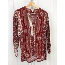 TINY Anthropologie S Devas Sequin Placket Popover Top Roll Up Sleeve Paisley Red