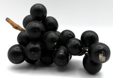 Alabaster Stone Grape Cluster  Wooden Stem Black Realistic Fruit Vintage READ