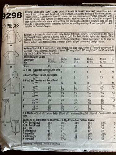 Simplicity Pattern 9298 Unisex Jacket,Vest,Pants,Shorts,Knit Top Sz L-XL - Picture 2 of 3