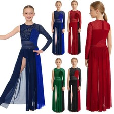 Girls Color Block Lyrical Rhinestone Dance Leotard with Sheer Mesh Split Skirt