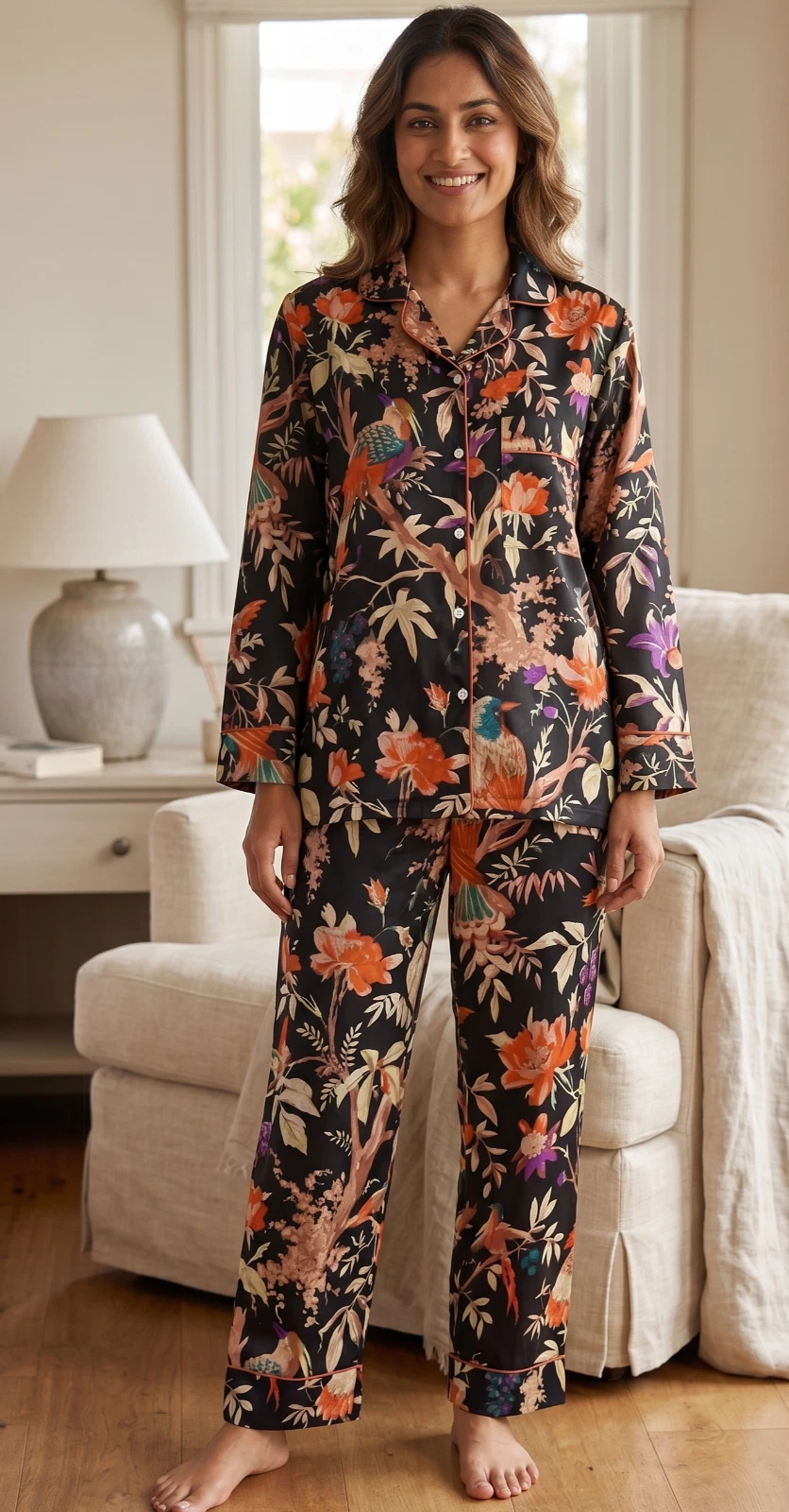 Cotton Black Bird Print Cotton Pajama Set Bridesmaid PJ Set Loose Clothing
Opens in a new window or