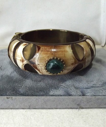 Vintage Hindge Camel Bone Bovine Gemstone Brass - Thick Bangle Ethnic Bohemian - Picture 6 of 16