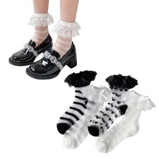 Mesh Sheer Lace Socks for Women Girls White Black Striped Heart Print Transpa...