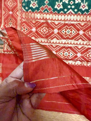 Green patola red India BANARSI Art Silk Dupatta Wrap Scarf Stole Chunri shawl - Picture 6 of 9