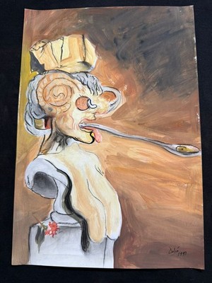SALVADOR DALI   drawing and painting on old paper signed stamped vintage