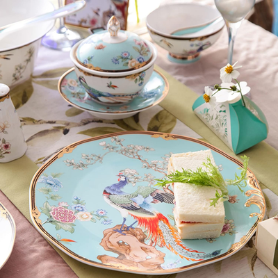12-Piece Bone China Dinnerware Set with Vintage Floral Tea Stand