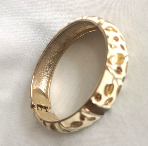 ENAMEL CLAMP BANGLE BRACELET IVORY GOLD BRONZE ENAMEL LEAF PATTERN ETHEREAL GIFT - Picture 8 of 15