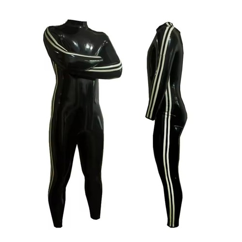 Body completo de látex para hombre traje de gato con rayas blancas uniforme de goma apretado hecho a mano - Imagen 1 de 6