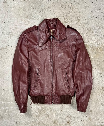 Vintage 90s Burgundy Genuine Leather Bomber Utility Jacket Womens - Picture 1 of 14