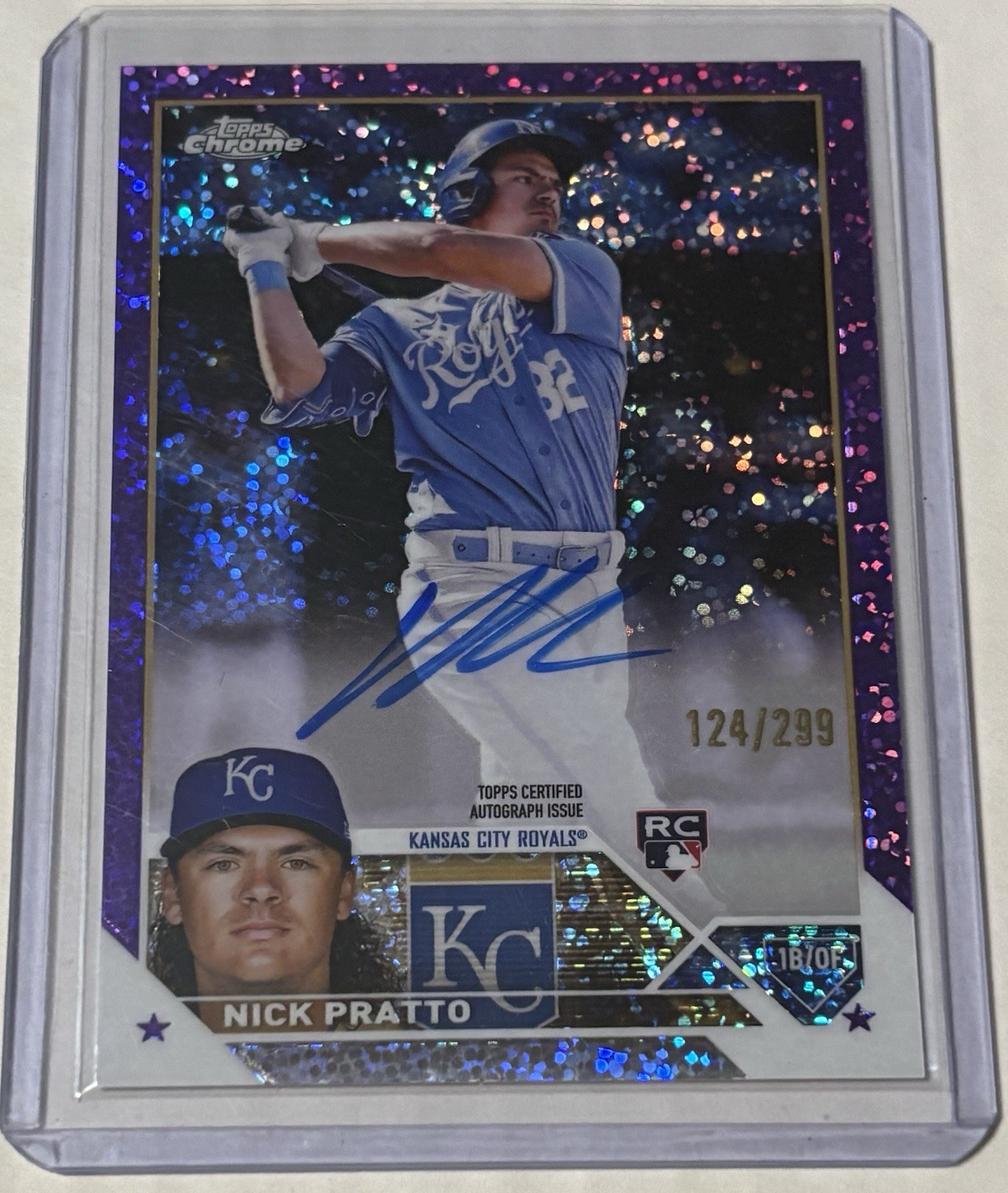 2023 Topps Chrome Nick Pratto purple speckle refractor RC auto #’d to 299 Royals