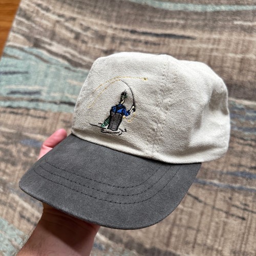 Men's Vintage 90's Fly Fishing Tan Beige Gray Adjustable Stretch Hat Cap Fish - Picture 5 of 6