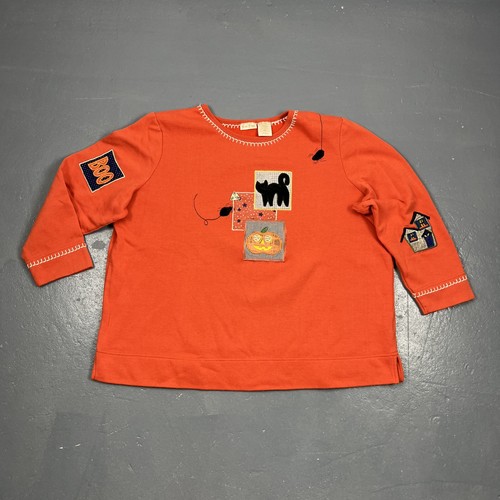 Vintage 90s Halloween Crewneck Sweatshirt Orange Wash L/XL Cute Patchwork VTG - Picture 1 of 9