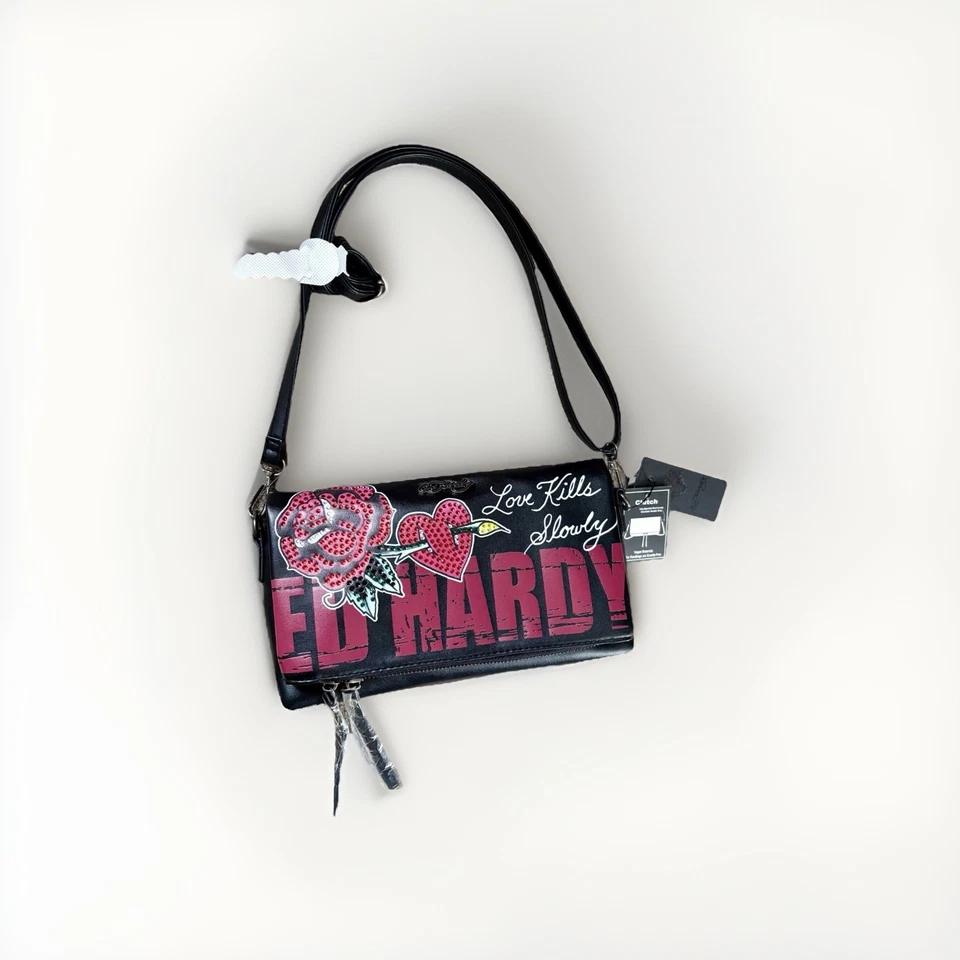 ED HARDY Love Kills Slowly BLK Rhinestone XBODY CLUTCH Rose Y2K Tattoo Skull - Image 2 of 4