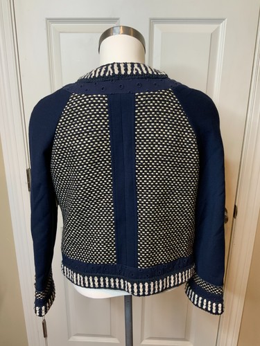 Tory Burch Leandra Navy Blue, White & Metallic Gold Tweed Jacket, Size 4 - Picture 8 of 9