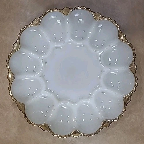 Vintage 10" White Milk Glass Gold Trim Deviled Egg Serving  Dish for Eggs G-2