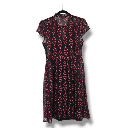 ModCloth Black Red Candy Cane Heart Sheer Ruffle Neck Cap Sleeve Dress M - Picture 2 of 8