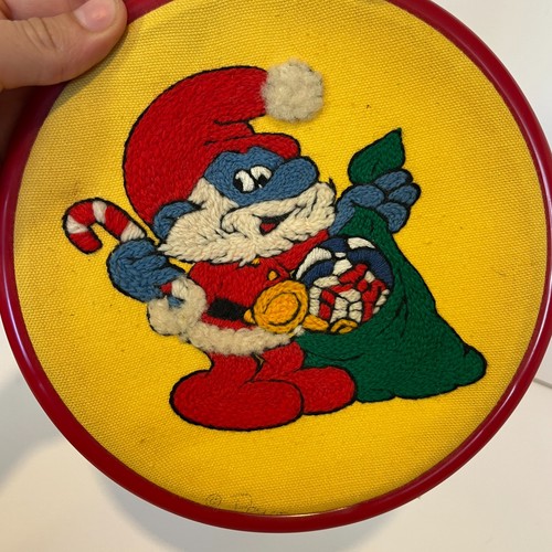 Vintage 70s 80s Needlepoint Smurfs Papa Smurf Wall Art Decor Santa Christmas - Picture 2 of 6