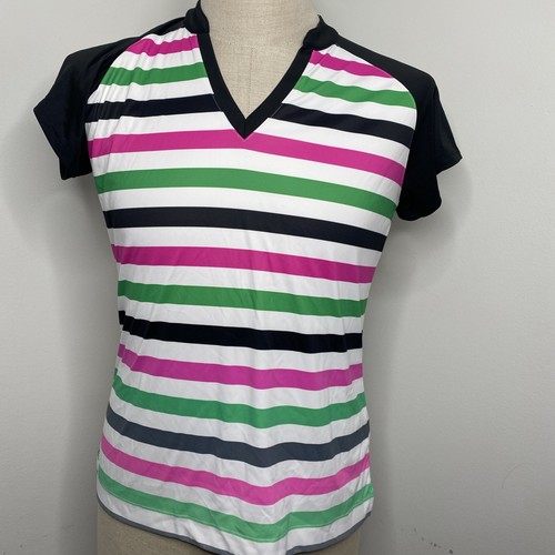 Polo da golf Slazenger canotta maglietta donna M corta slv rosa verde nera a righe - Foto 1 di 10
