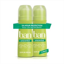 Ban Original Unscented 24-hour Invisible Antiperspirant, Roll-on, 3.5 oz, 2 Pack