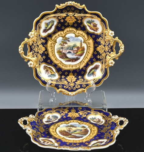 GORGEOUS PAIR c1825 RIDGWAY HAND PAINTED SCENIC PORCELAIN CAKE PLATES TRAYS N/R