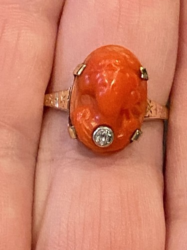 Antique 1 Round Diamond Sardinian Coral Cameo Ring 2.41gr As Is - Picture 14 of 18