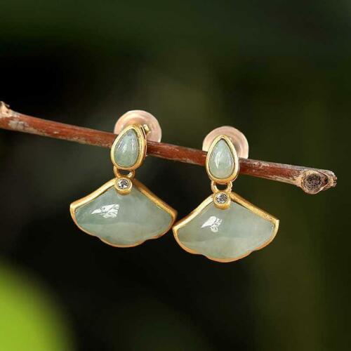 Ginkgo Leaf Natural Hetian Jade Earrings Handmade Fashion Jewelry Accessories - Picture 1 of 4