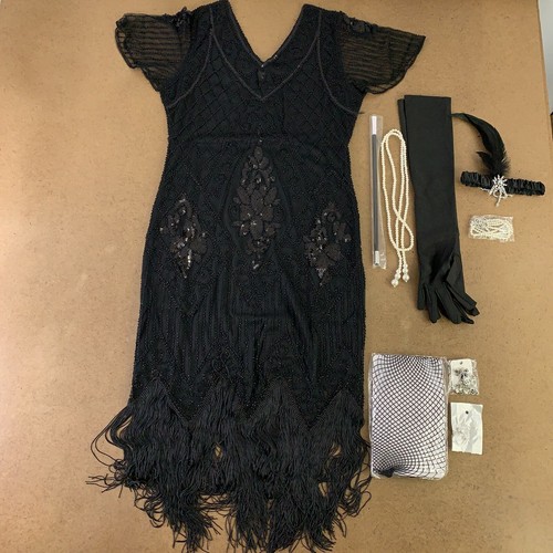 Women's Medium Black Sequin Fringe Flapper Dress & Accessory Set 9 Pieces New - Picture 1 of 12