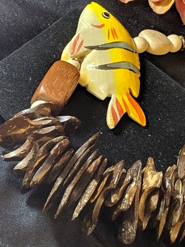Vintage handgeschnitzte Fisch einheimische Kokosnussschale Perlen Halskette klobig Boho Statement - Bild 10 von 12