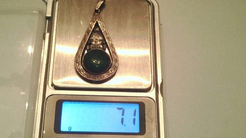 Vintage sterling Inca Mexican pendant green stone - Picture 8 of 8
