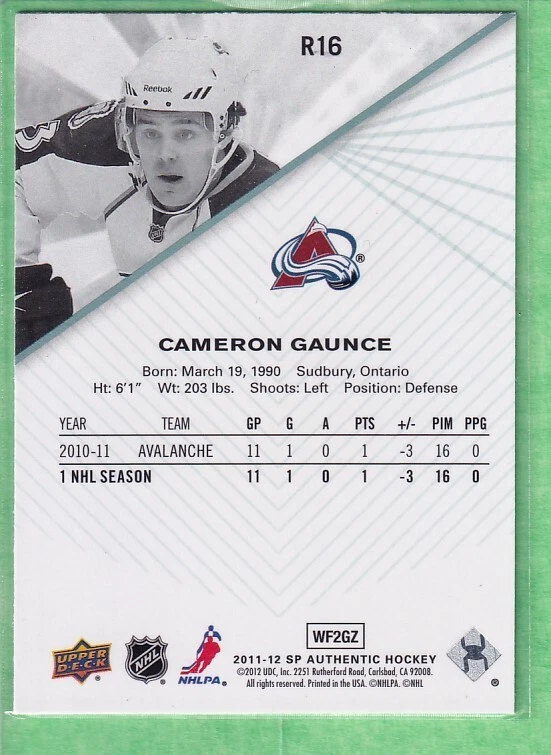 2011-12 SP Authentic Rookie Extended Series #R16 Cameron Gaunce COL Avalanche - Image 2 of 2