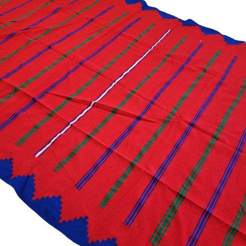Vintage Handmade Moroccan Red Wool Rug Blue Green Stripes Berber Tribal Carpet - Picture 23 of 24