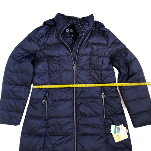 Michael Kors woman packable down coat PL dark blue mid-length hooded Quilt - Picture 6 of 8