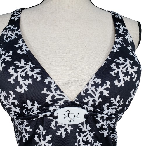 Lands End Swim Top Size 8 Black White Floral Plunge V Neck Boost Padding - Picture 3 of 7