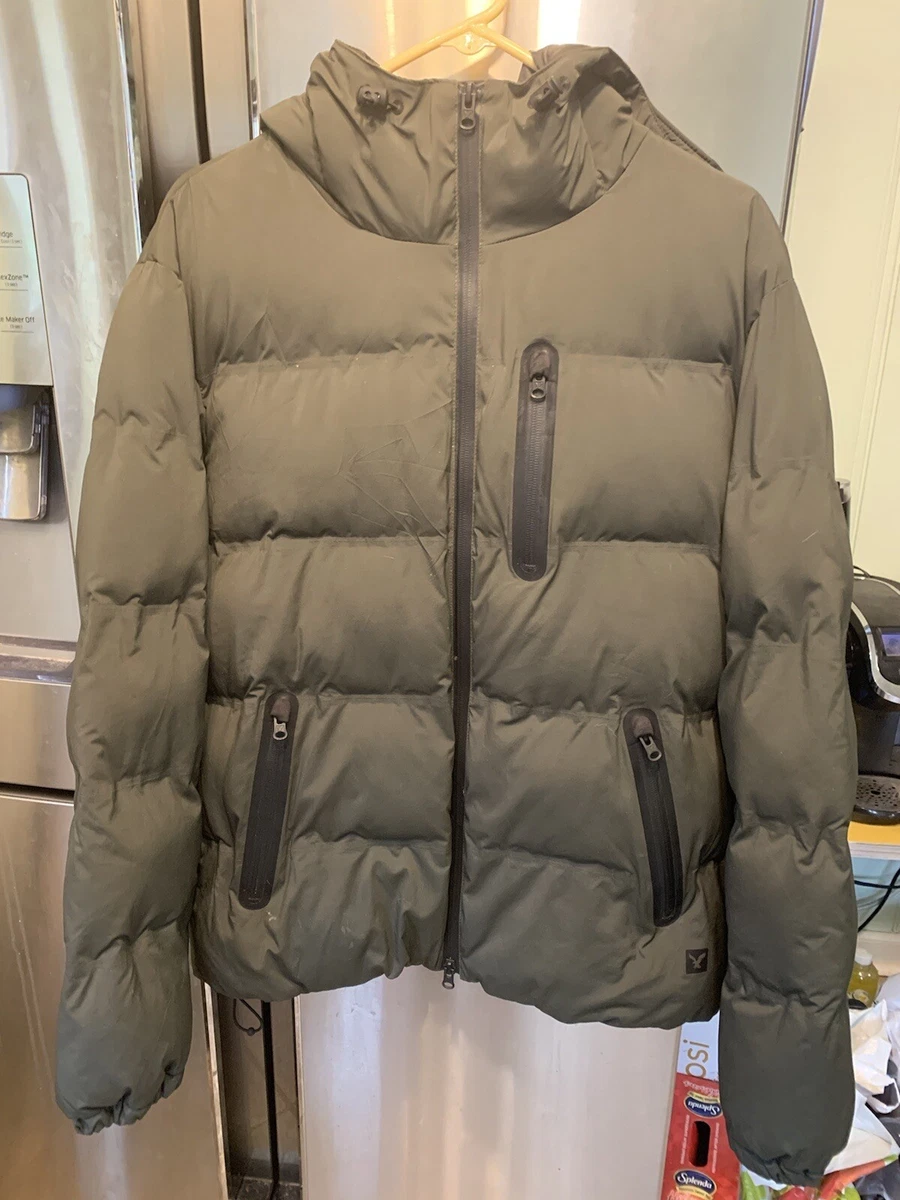 American Eagle Mens Puffer Coat Army Green And Black With Pockets Size M Drawstr