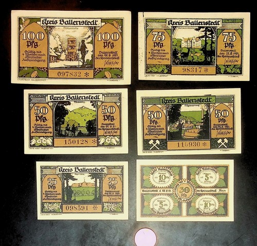 1921 Alemania BALLENSTEDT 5 10 25 50 75 100 Phennig Billete/Juego de Dinero de Emergencia - Imagen 2 de 2
