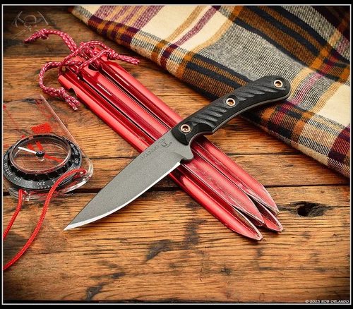 RMJ Tactical Knife Sparrow Nitro-V Tungsten Finish Black G10 Black Kydex Sheath